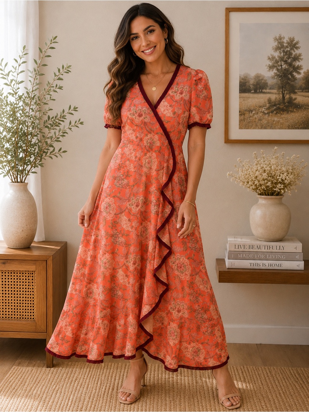 Elegant Coral Floral Wrap Midi Dress with Ruffle Trim
